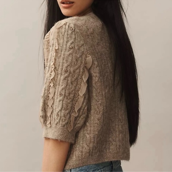 Maeve Embellished Tan Ruffle Button Cardigan - Picture 7 of 8